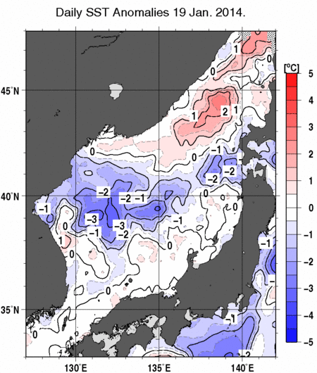 日本海の海面水温平年差分布図（1月19日）