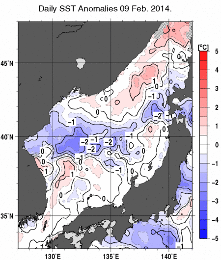 日本海の海面水温平年差分布図（2月9日）