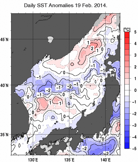 日本海の海面水温平年差分布図（2月19日）