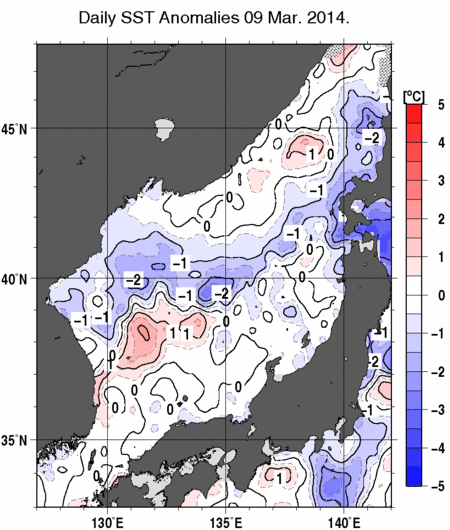 日本海の海面水温平年差分布図（3月9日）