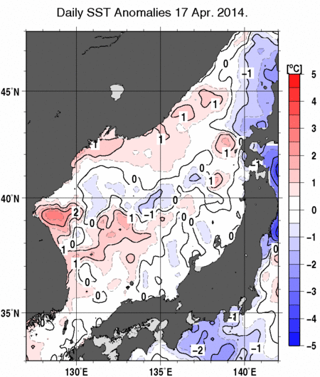 日本海の海面水温平年差分布図（4月17日）