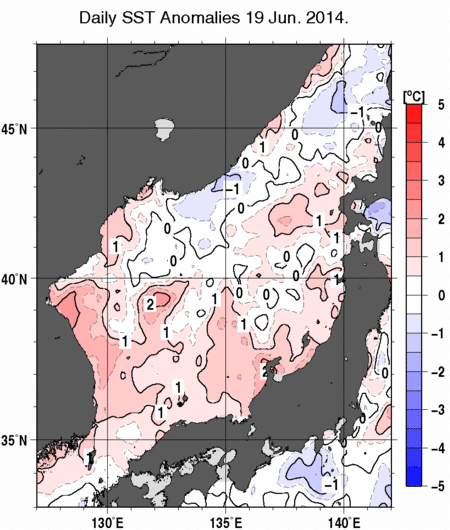 日本海の海面水温平年差分布図（6月19日）