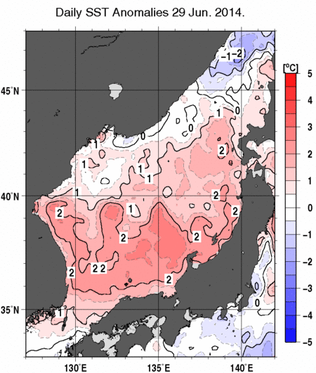 日本海の海面水温平年差分布図（6月29日）