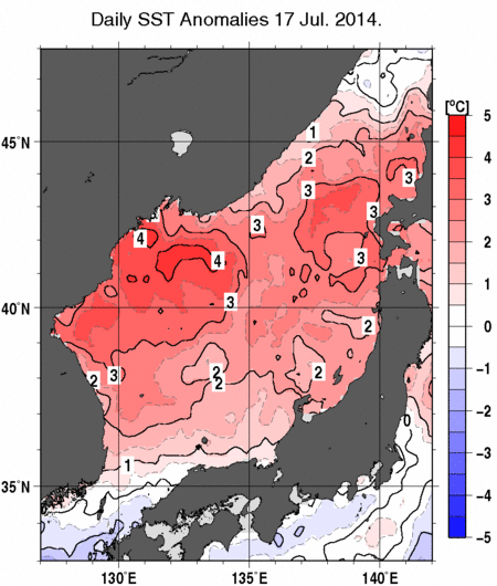日本海の海面水温平年差分布図（7月17日）
