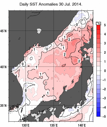 日本海の海面水温平年差分布図（7月30日）