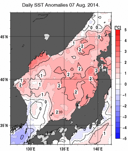 日本海の海面水温平年差分布図（8月7日）