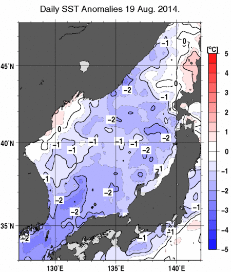 日本海の海面水温平年差分布図（8月19日）