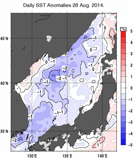 日本海の海面水温平年差分布図（8月28日）