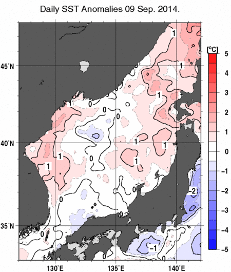 日本海の海面水温平年差分布図（9月9日）