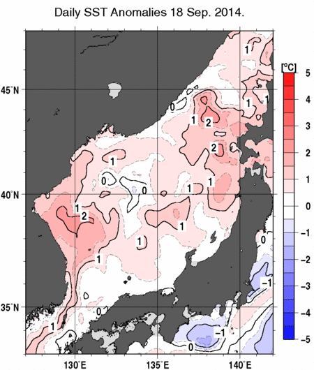 日本海の海面水温平年差分布図（9月18日）