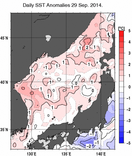 日本海の海面水温平年差分布図（9月29日）