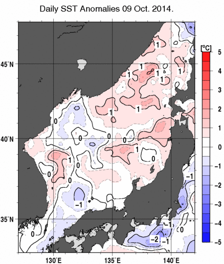 日本海の海面水温平年差分布図（10月9日）