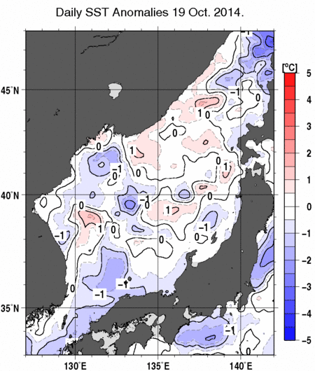 日本海の海面水温平年差分布図（10月19日）