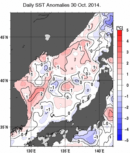 日本海の海面水温平年差分布図（10月30日）