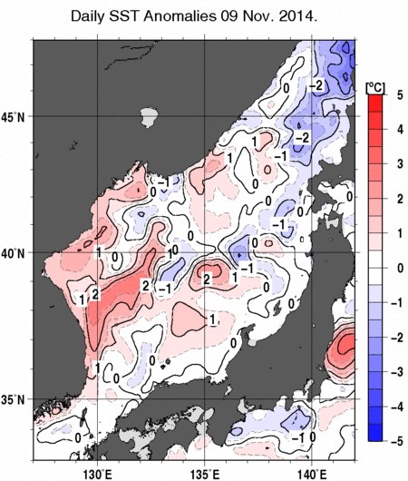日本海の海面水温平年差分布図（11月9日）