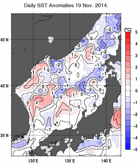 日本海の海面水温平年差分布図（11月19日）