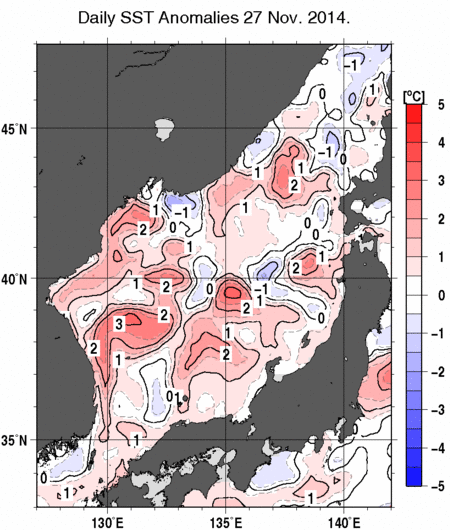 日本海の海面水温平年差分布図（11月27日）