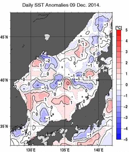 日本海の海面水温平年差分布図（12月9日）