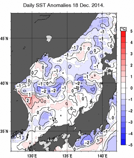日本海の海面水温平年差分布図（12月18日）