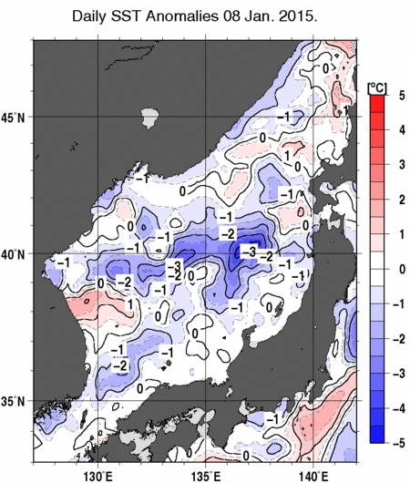 日本海の海面水温平年差分布図（1月8日）