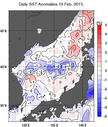 日本海の海面水温平年差分布図（2月19日）