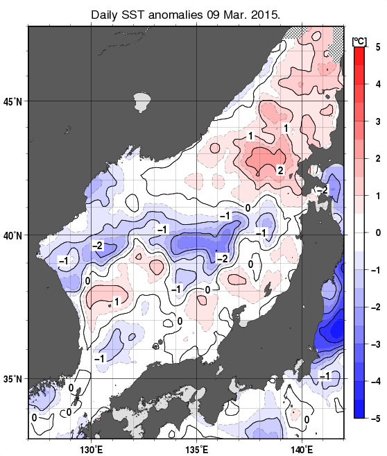日本海の海面水温平年差分布図（3月9日）