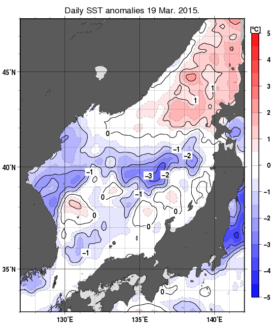 日本海の海面水温平年差分布図（3月19日）