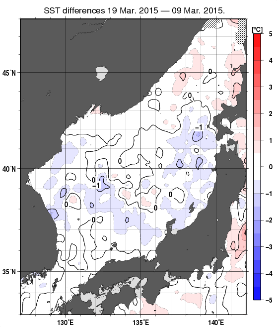日本海の10日間の海面水温変化量分布図（3月19日）