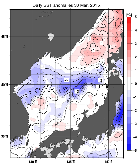 日本海の海面水温平年差分布図（3月30日）