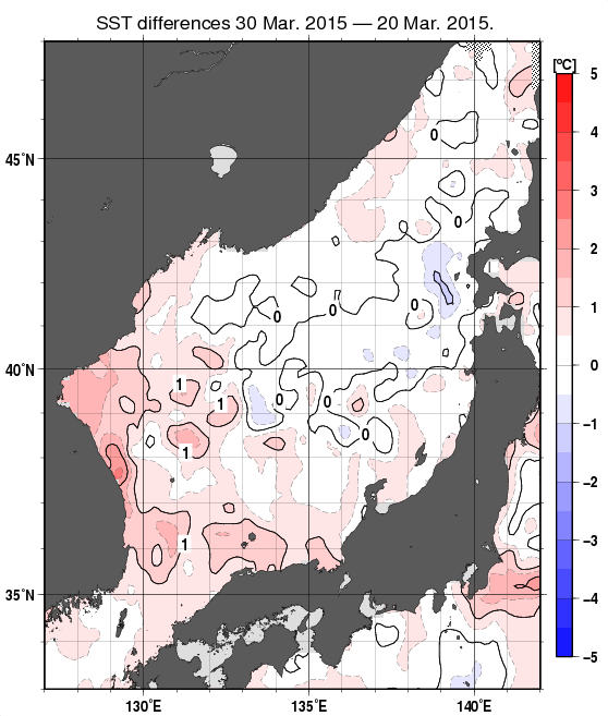 日本海の10日間の海面水温変化量分布図（3月30日）