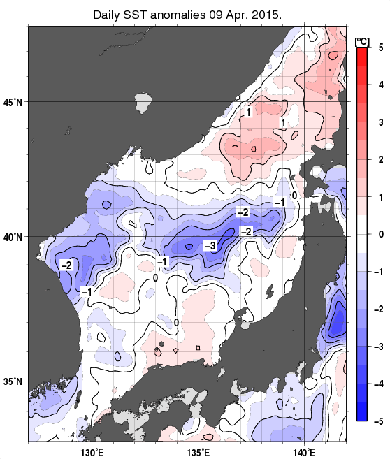 日本海の海面水温平年差分布図（4月9日）