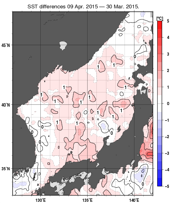 日本海の10日間の海面水温変化量分布図（4月9日）