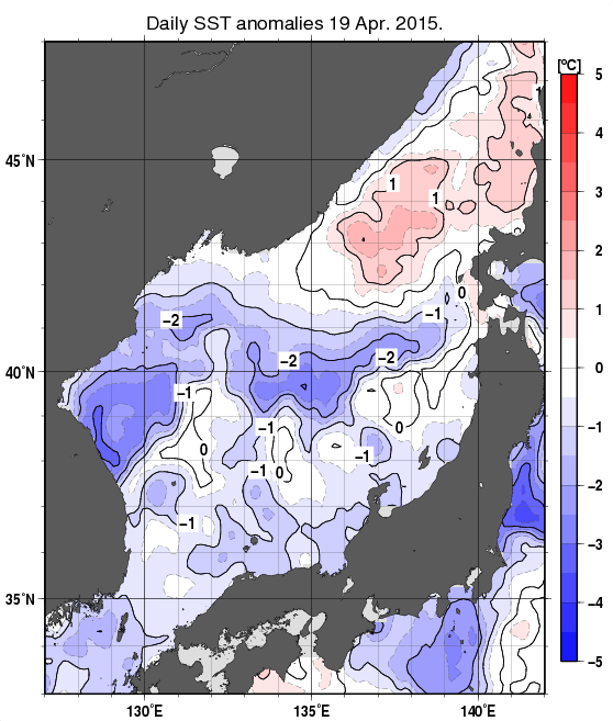 日本海の海面水温平年差分布図（4月19日）