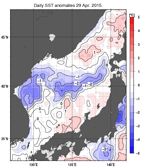 日本海の海面水温平年差分布図（4月29日）