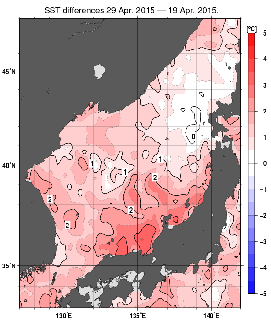 日本海の10日間の海面水温変化量分布図（4月29日）