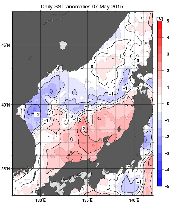 日本海の海面水温平年差分布図（5月7日）