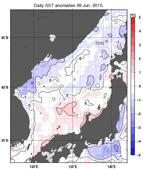 日本海の海面水温平年差分布図（6月9日）