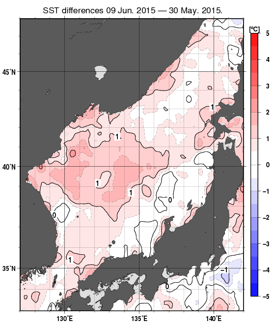 日本海の10日間の海面水温変化量分布図（6月9日）