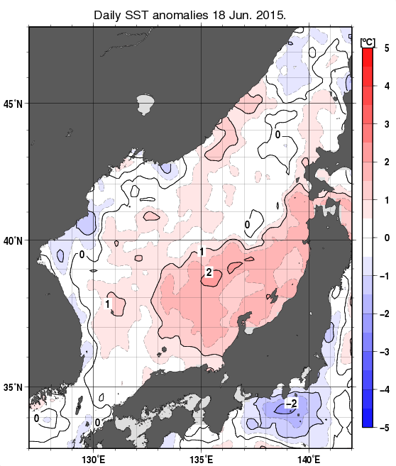 日本海の海面水温平年差分布図（6月18日）