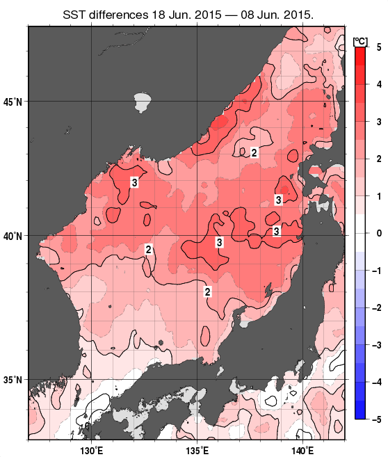 日本海の10日間の海面水温変化量分布図（6月18日）