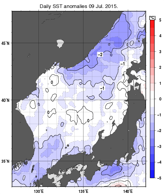 日本海の海面水温平年差分布図（7月9日）