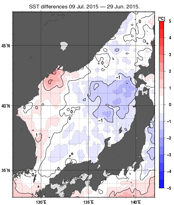 日本海の10日間の海面水温変化量分布図（7月9日）