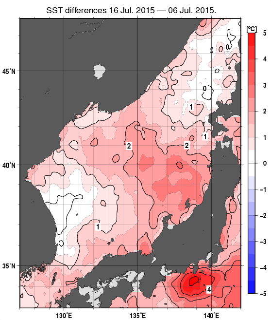 日本海の10日間の海面水温変化量分布図（7月16日）