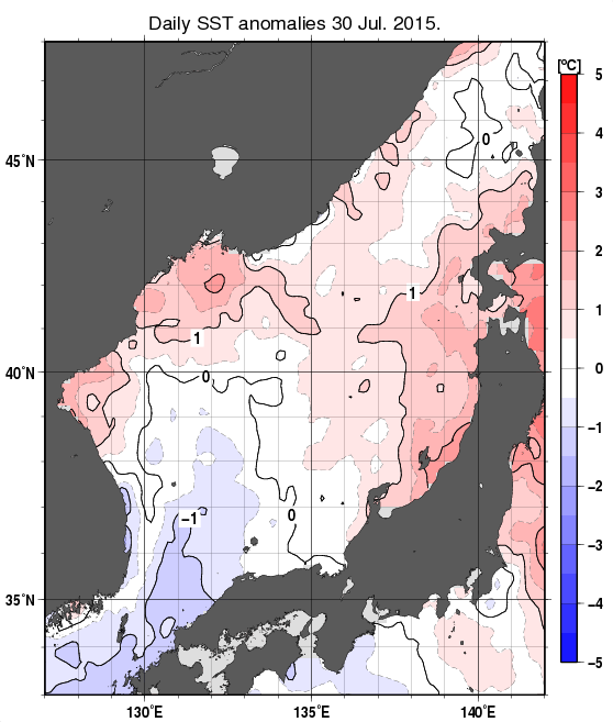 日本海の海面水温平年差分布図（7月30日）