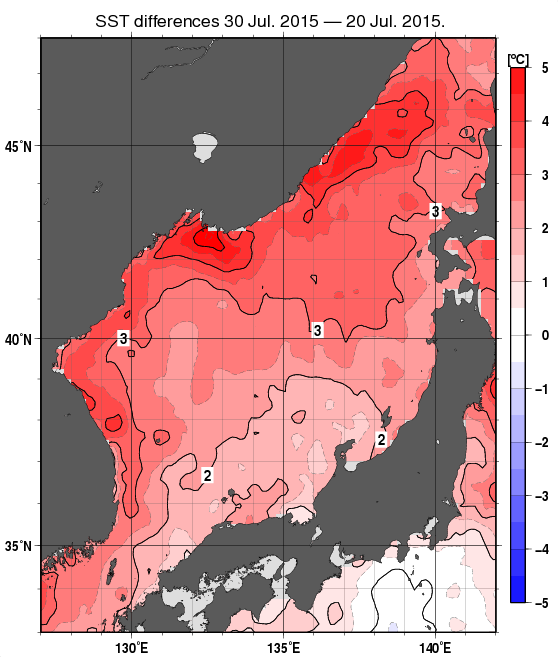 日本海の10日間の海面水温変化量分布図（7月30日）