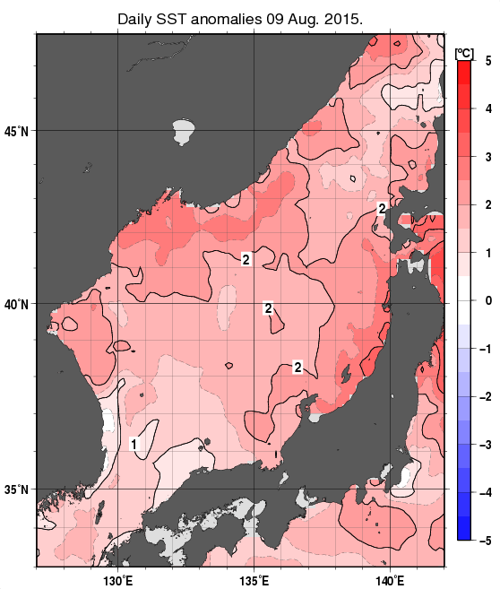 日本海の海面水温平年差分布図（8月9日）