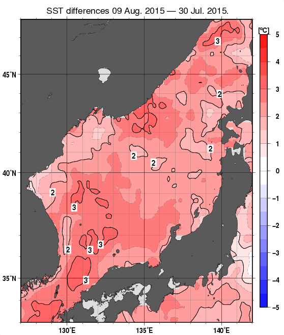 日本海の10日間の海面水温変化量分布図（8月9日）