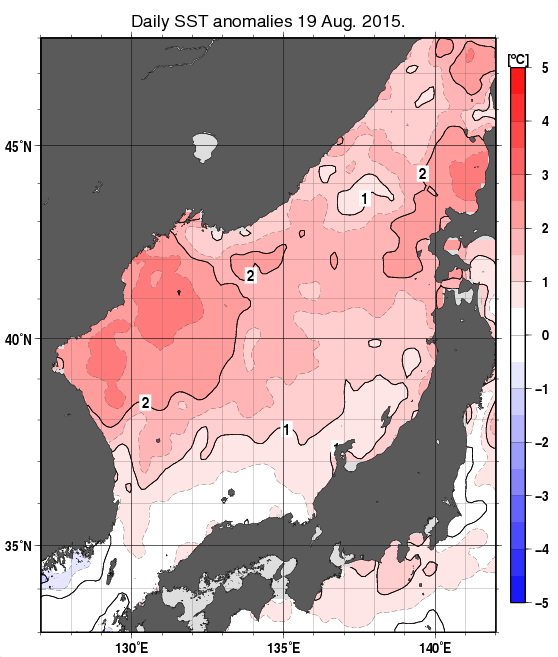 日本海の海面水温平年差分布図（8月19日）