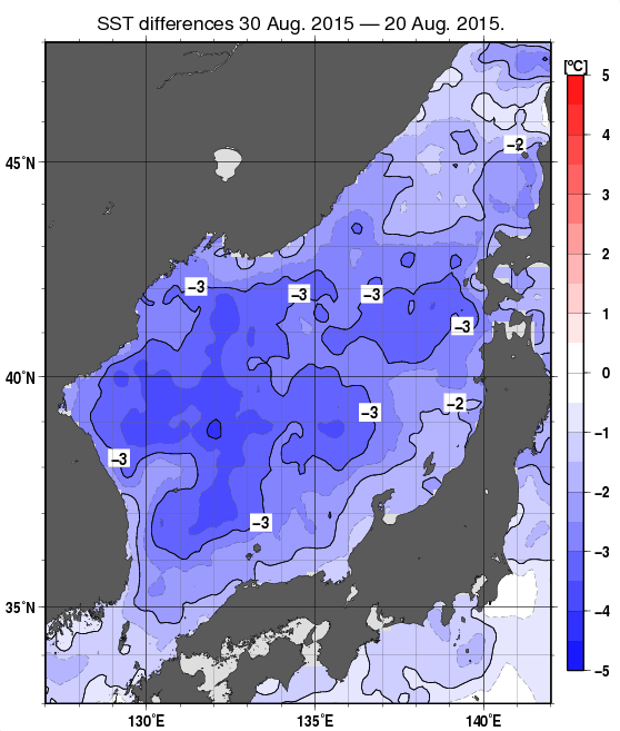 日本海の10日間の海面水温変化量分布図（8月30日）
