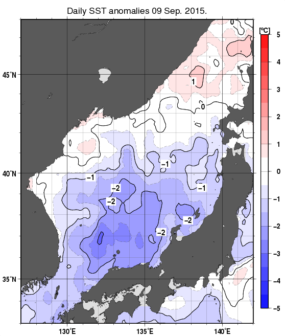 日本海の海面水温平年差分布図（9月9日）